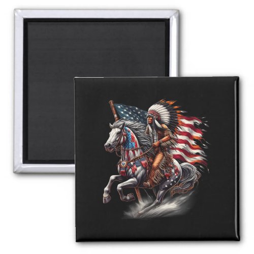 American Day Flag Indian Riding Horse 4th Of July  Magnet