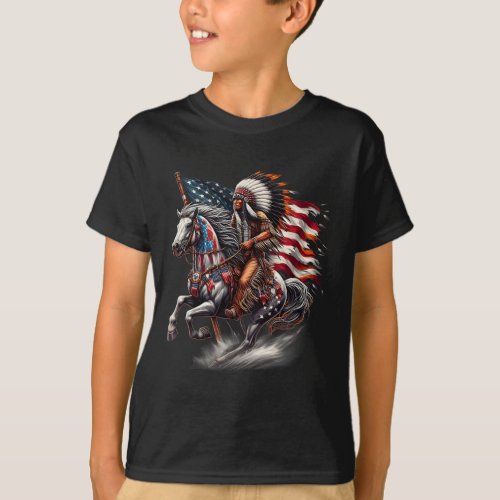 American Day Flag Indian Riding Horse 4th Of July  T_Shirt