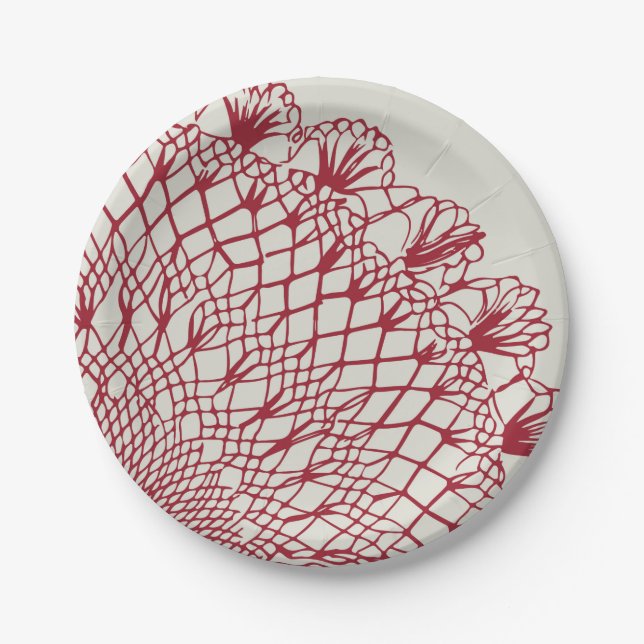 American Doily & Lace, 10, Red on Cream Paper Plates (Front)