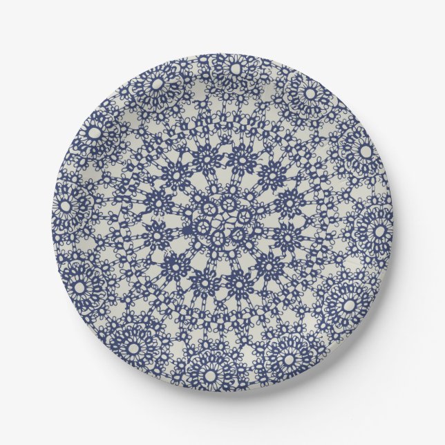 American Doily & Lace, 12, Blue On Cream Paper Plates (Front)