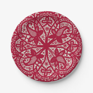 American Doily & Lace, 6, Red On Cream Paper Plates