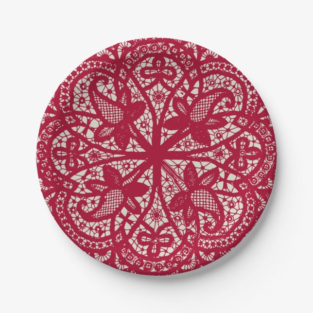 American Doily & Lace, 6, Red On Cream Paper Plates (Front)