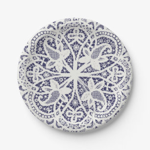 American Doily & Lace, 8, Cream on Blue Paper Plates