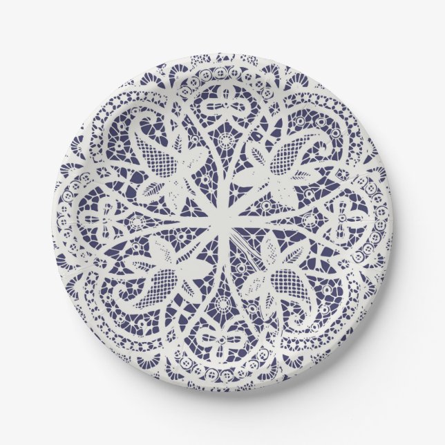 American Doily & Lace, 8, Cream on Blue Paper Plates (Front)