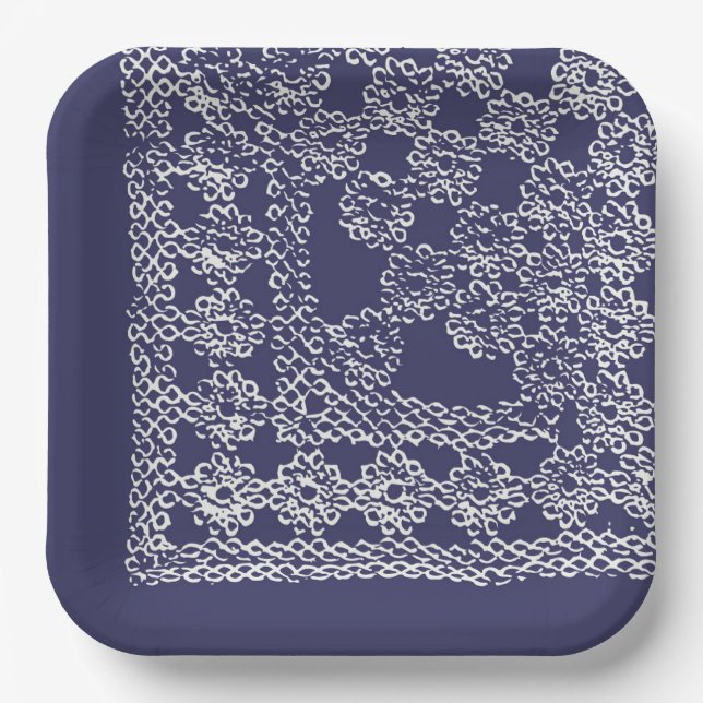 American Doily & Lace, Square Edge1, Cream on Blue Paper Plates (Front)