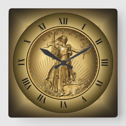 American Double Eagle Gold Coin  Lady Liberty  Square Wall Clock