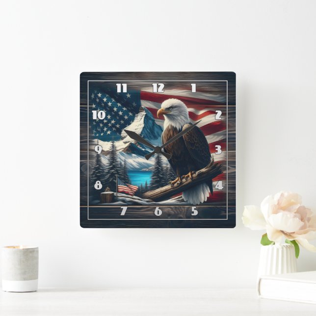 American Eagle Against Mountain Landscape Square Wall Clock (Home)