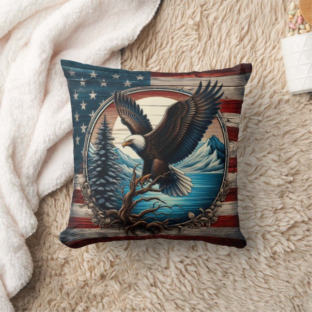 American Eagle Against Scenic Forest Background Throw Pillow (Blanket)
