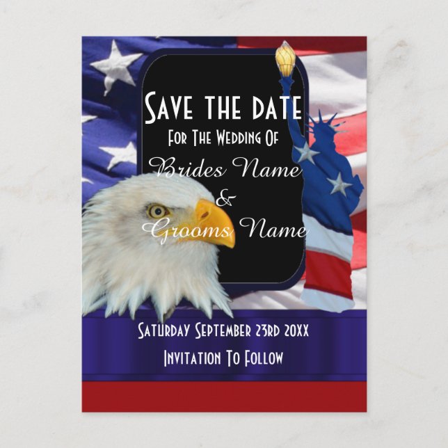 American eagle and flag save the date announcement postcard (Front)