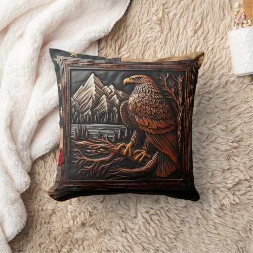 American Eagle Carving With Mountain Background Throw Pillow