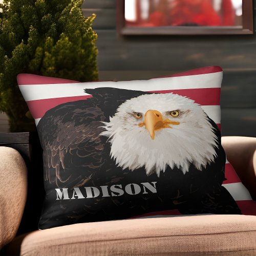 American Eagle Flag Red Stripes Patriotic Name Throw Pillow