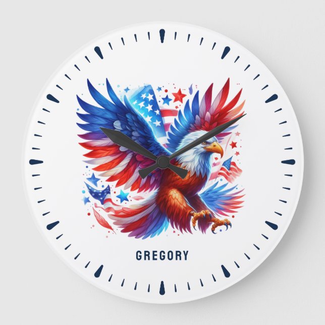 American Eagle Patriotic Design Red White Blue Large Clock (Front)