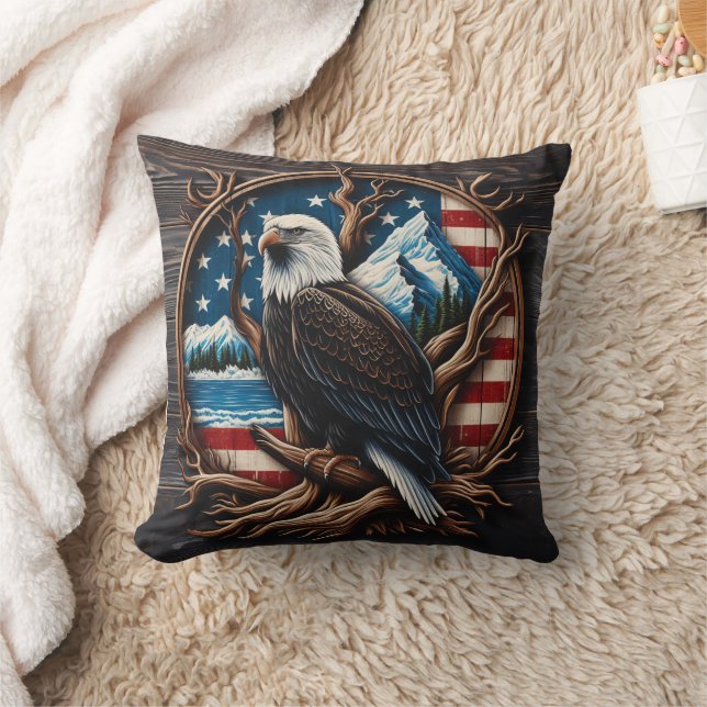 American Eagle Perched Against Scenic Background Throw Pillow (Blanket)