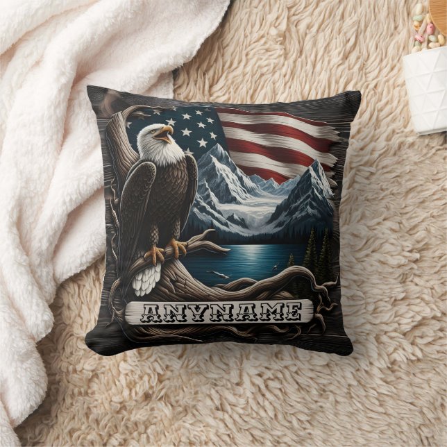 American Eagle Perched by Mountains and Flag Throw Pillow (Blanket)