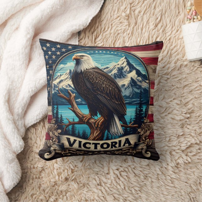 American Eagle Perched by Mountains in Victoria Throw Pillow (Blanket)