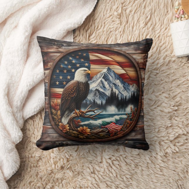 American Eagle Perched Near Mountainous Landscape Throw Pillow (Blanket)