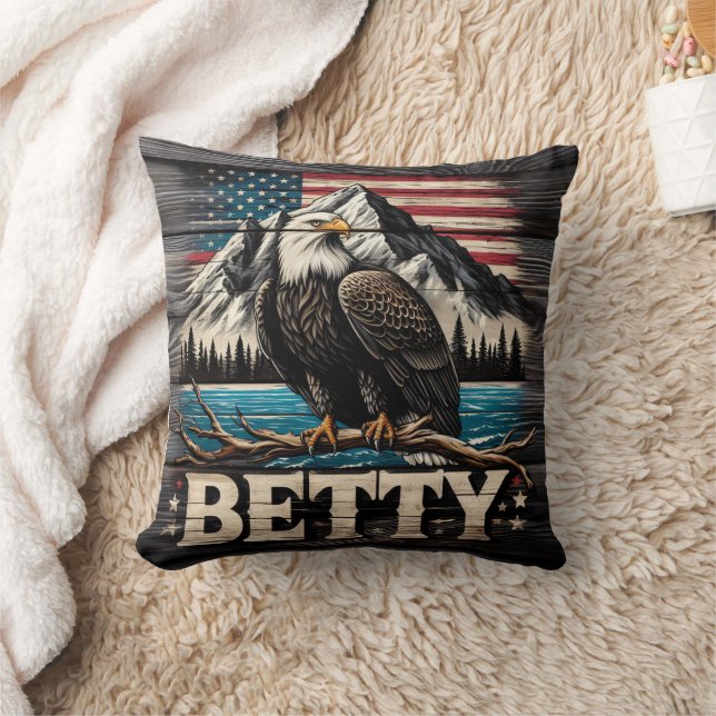 American Eagle Perched Near Mountains and Lake Throw Pillow (Blanket)