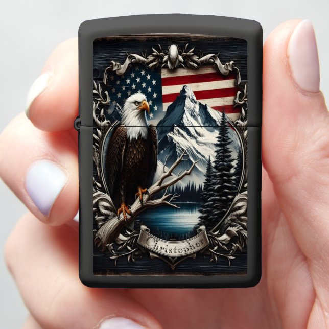 American Eagle Perched On A Branch Zippo Lighter (In Hand)