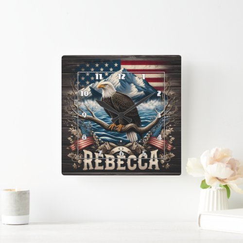 American Eagle Perched With Mountain Background Square Wall Clock