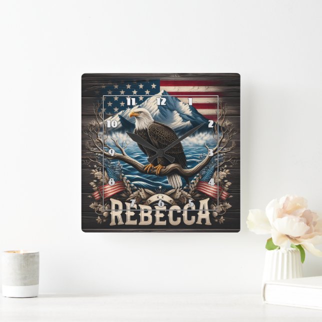 American Eagle Perched With Mountain Background Square Wall Clock (Home)
