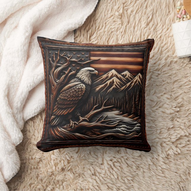 American Eagle Sculpture With Mountains and Flag Throw Pillow (Blanket)