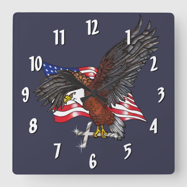 American Eagle with Cross Square Wall Clock (Front)