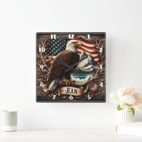 American Eagle With Mountains and Flag Background Square Wall Clock