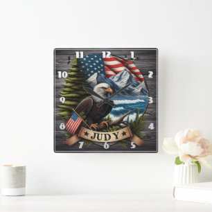 American Eagle With National Flag and Mountains Square Wall Clock