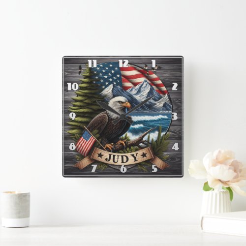 American Eagle With National Flag and Mountains Square Wall Clock