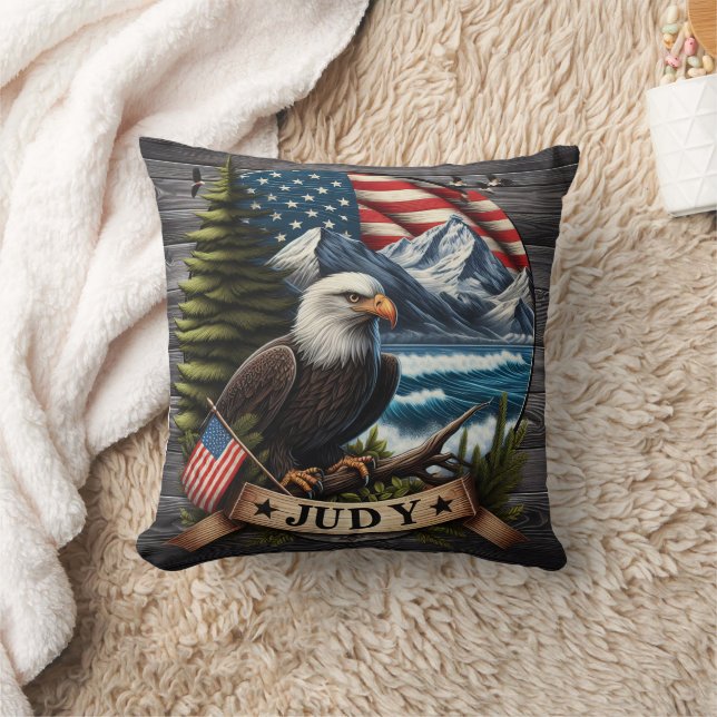 American Eagle With National Flag and Mountains Throw Pillow (Blanket)