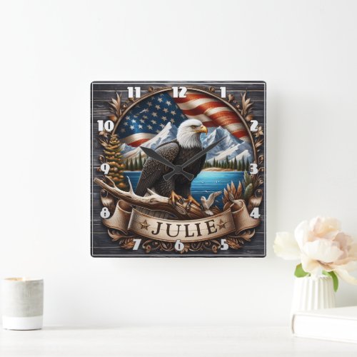 American Eagle With Scenic Mountains and Flag Square Wall Clock