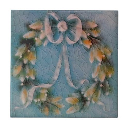 American Encaustic Blue Wreath Faux Relief Ceramic Tile