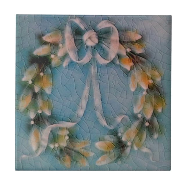 American Encaustic Blue Wreath Faux Relief Ceramic Tile (Front)