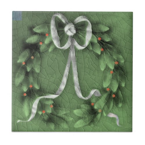 American Encaustic Green Wreath Faux Relief Repro Ceramic Tile