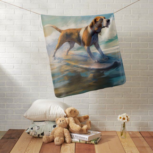 American Engligh Foxhound Beach Surfing Painting  Baby Blanket (In Situ)