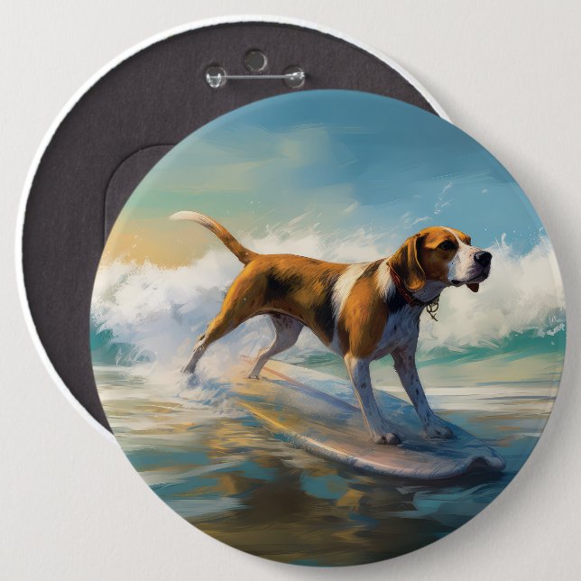 American Engligh Foxhound Beach Surfing Painting  Button (Front & Back)