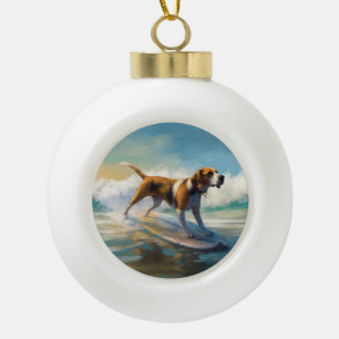 American Engligh Foxhound Beach Surfing Painting  Ceramic Ball Christmas Ornament