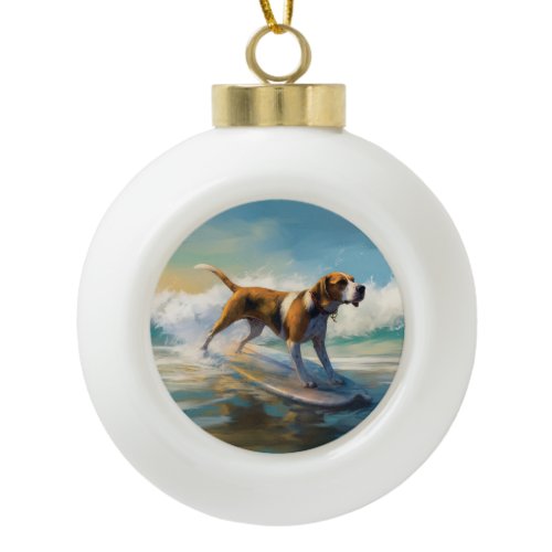 American Engligh Foxhound Beach Surfing Painting  Ceramic Ball Christmas Ornament