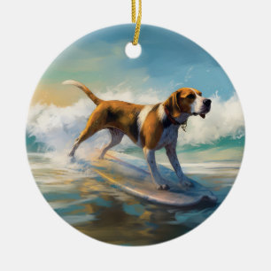 American Engligh Foxhound Beach Surfing Painting  Ceramic Ornament