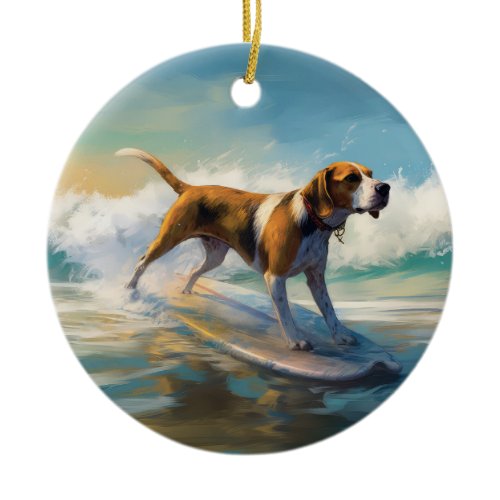 American Engligh Foxhound Beach Surfing Painting  Ceramic Ornament