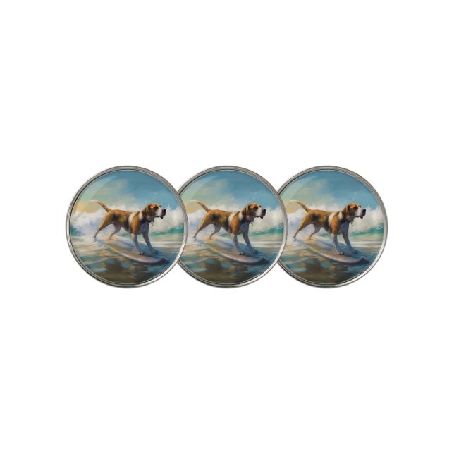 American Engligh Foxhound Beach Surfing Painting  Golf Ball Marker (3 Up)