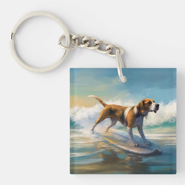 American Engligh Foxhound Beach Surfing Painting  Keychain (Front)