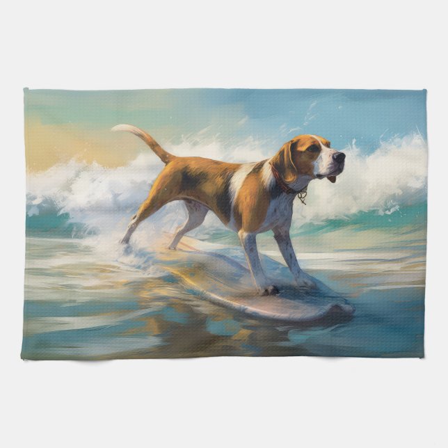 American Engligh Foxhound Beach Surfing Painting  Kitchen Towel (Horizontal)