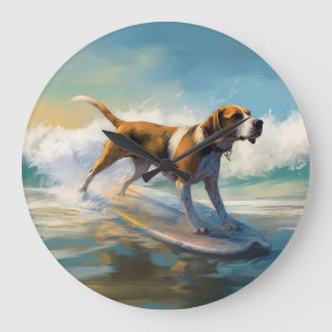 American Engligh Foxhound Beach Surfing Painting Large Clock
