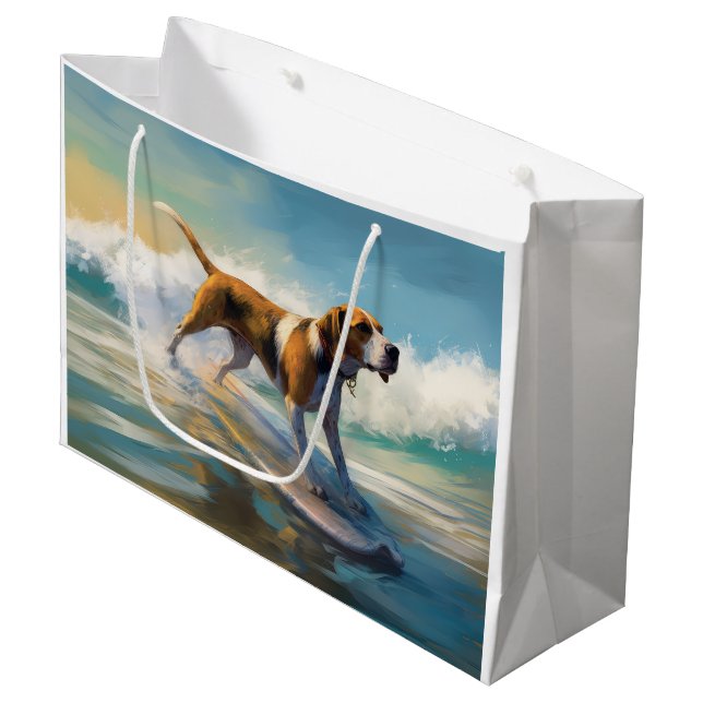 American Engligh Foxhound Beach Surfing Painting  Large Gift Bag (Front Angled)