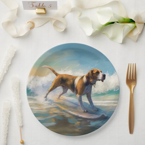 American Engligh Foxhound Beach Surfing Painting  Paper Plates