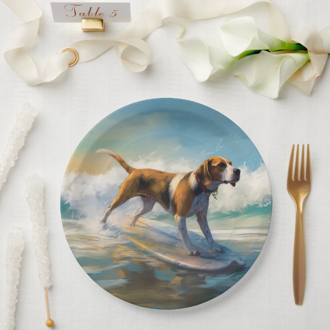 American Engligh Foxhound Beach Surfing Painting  Paper Plates (Wedding)