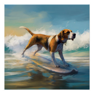American Engligh Foxhound Beach Surfing Painting Poster