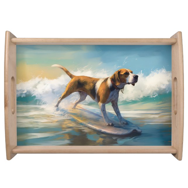 American Engligh Foxhound Beach Surfing Painting  Serving Tray (Front)