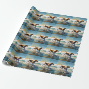 American Engligh Foxhound Beach Surfing Painting  Wrapping Paper